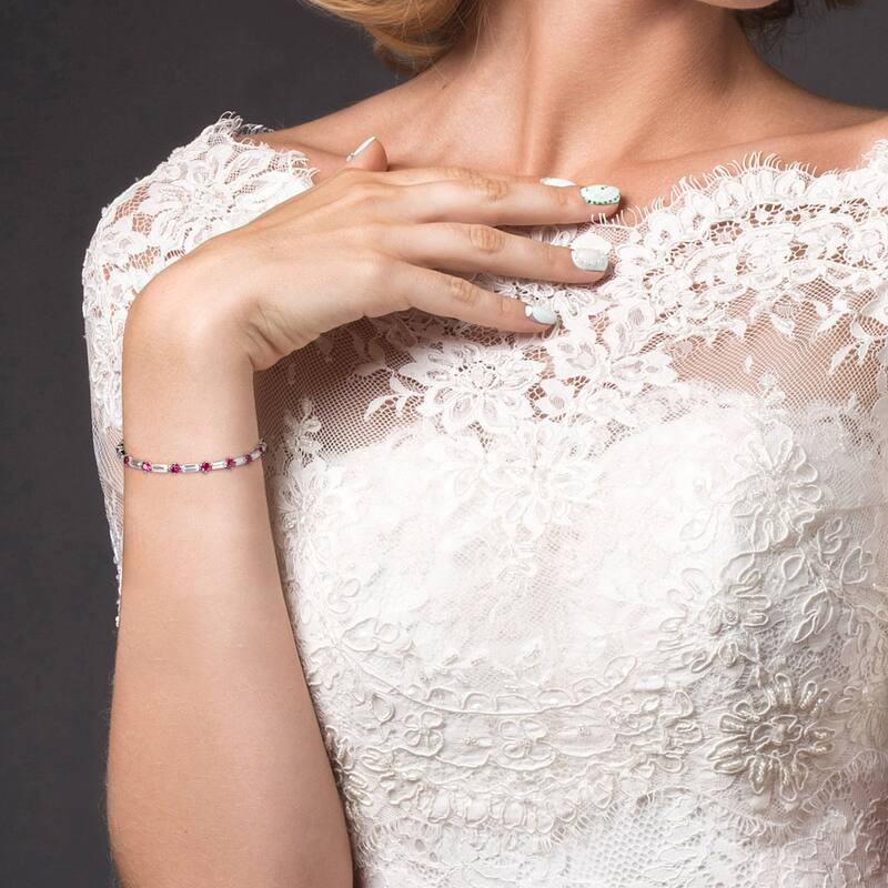 Miadora Baguette and Round-cut Created Ruby & White Sapphire Tennis Bracelet in Sterling Silver