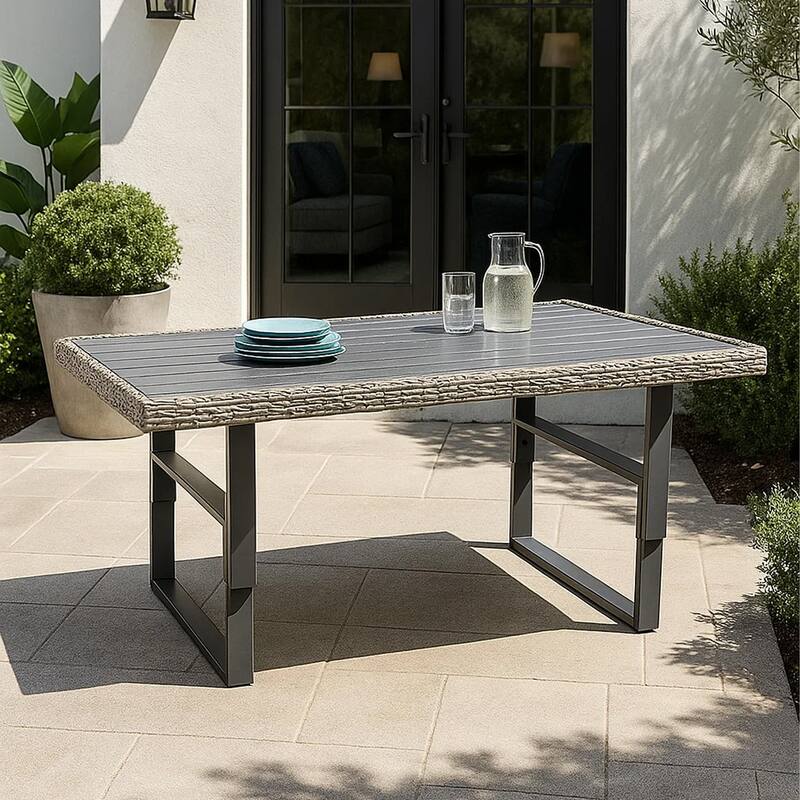 Foca 63 Inch Outdoor Rectangular Dining Table, Adjustable Height Wicker