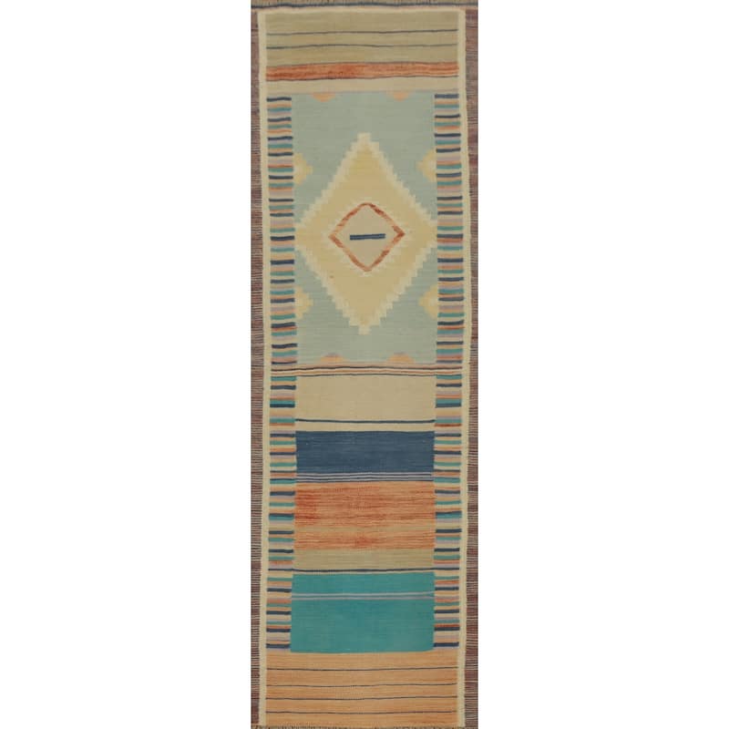Hand Woven Oriental 100% Wool Carpet Southwestern Tribal Multi-Colored Kilim Runner Rug - 8' 1'' X 2' 0''