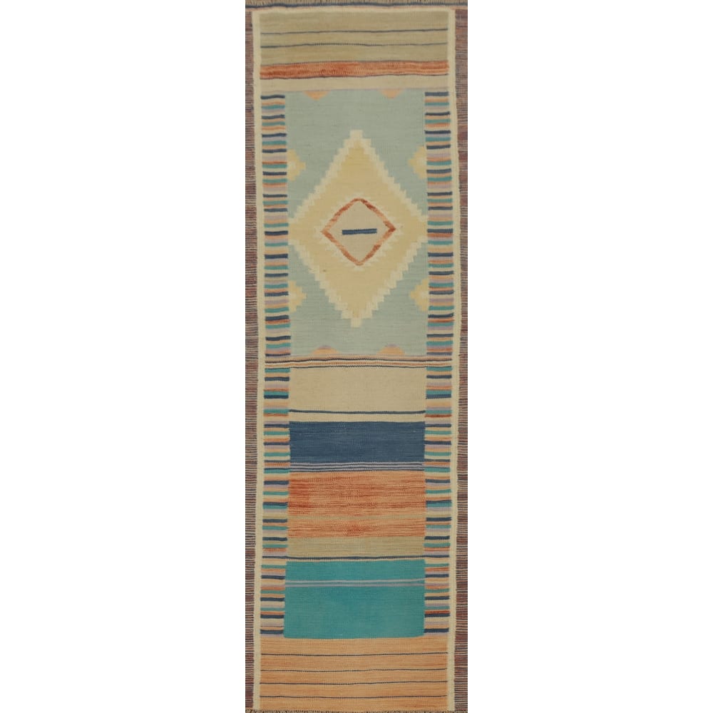 Hand Woven Oriental 100% Wool Carpet Southwestern Tribal Multi-Colored Kilim Runner Rug - 8' 1'' X 2' 0''