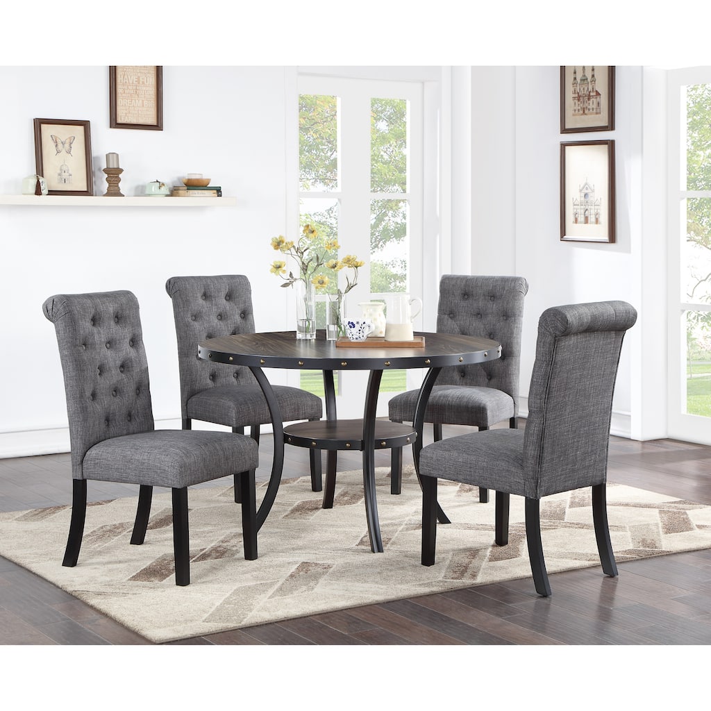Modern Classic Dining Room Furniture Natural Wood Round Dining Table 4x Side Chairs Charcoal Fabric Tufted Roll Back Top