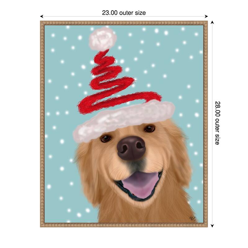 Christmas Golden Retriever and Spring Santa Hat by Fab Funky (23 x 28 in.), Framed Canvas Wall Art Print