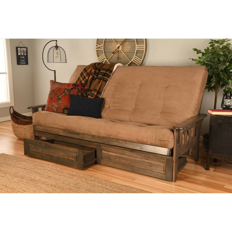 Somette Tucson Queen-size Futon Set with Storage Drawers in Rustic Walnut Finish with Innerspring Mattress - Suede Peat