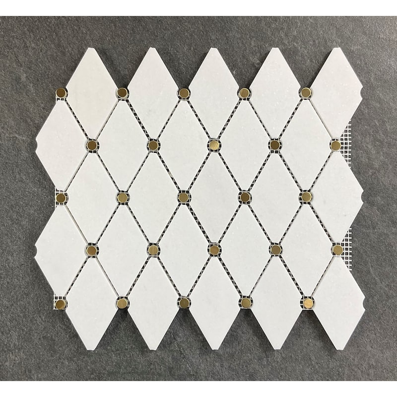 Natural Marble Diamond & Gold Metal Circle Mosaic Wall Tiles - Case (10 Sheets) - Thassos White & Gold