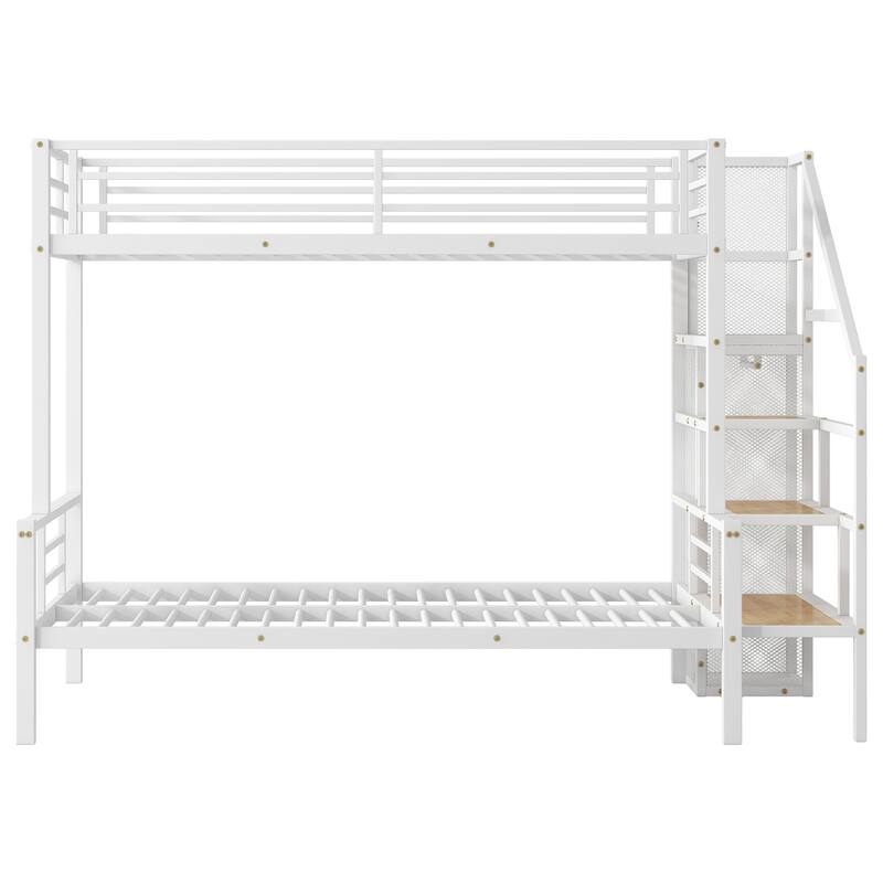 Twin Over Full Metal Bunk Bed with Storage Staircase & Wardrobe - 400LB Capacity