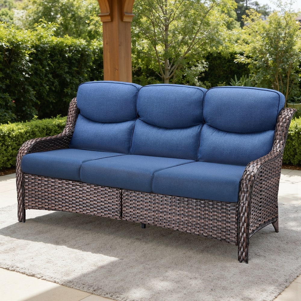 Meyreso Handwoven Wicker Outdoor Patio 3-Seat Sofa with 5-Inch Thick Cushions