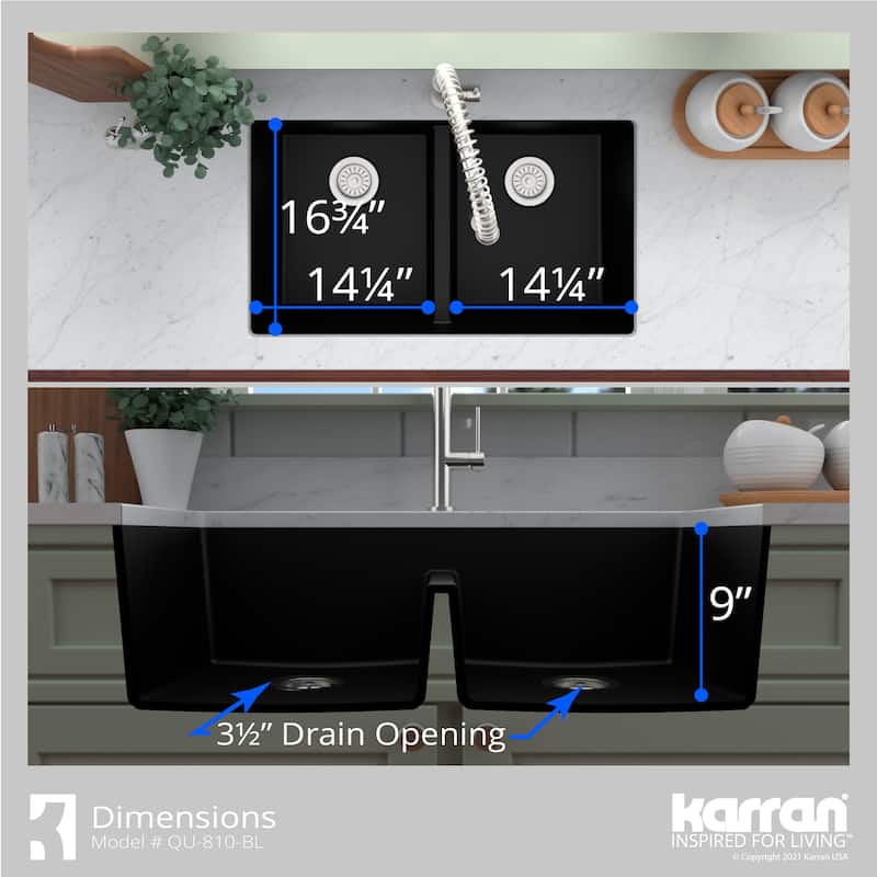Karran 32" Undermount Double Equal Bowl Quartz Kitchen Sink Kit - 32" x 19.5" x 9"