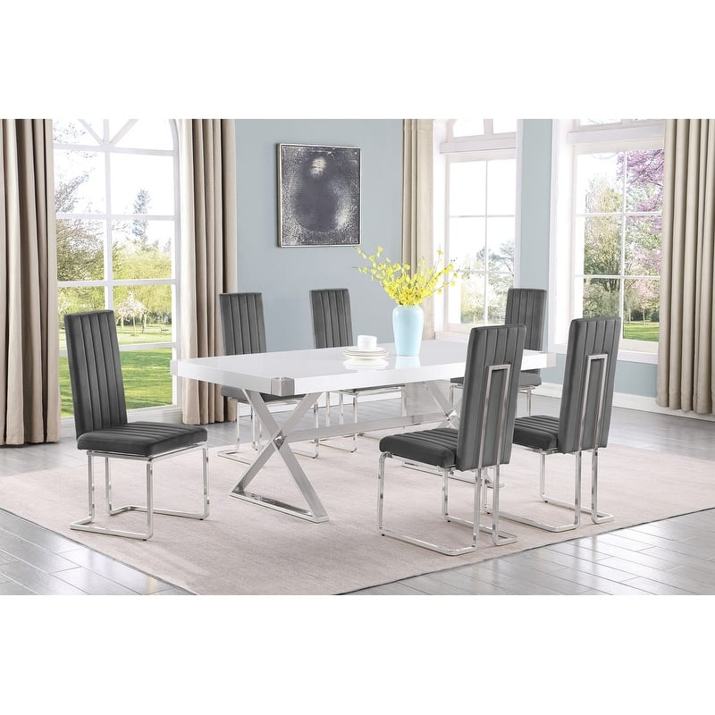 Best Quality Furniture D440/1-SC340-7 Dining Set with 78" White Lacquer Wood Top - 7-Piece - Dark Grey / Silver