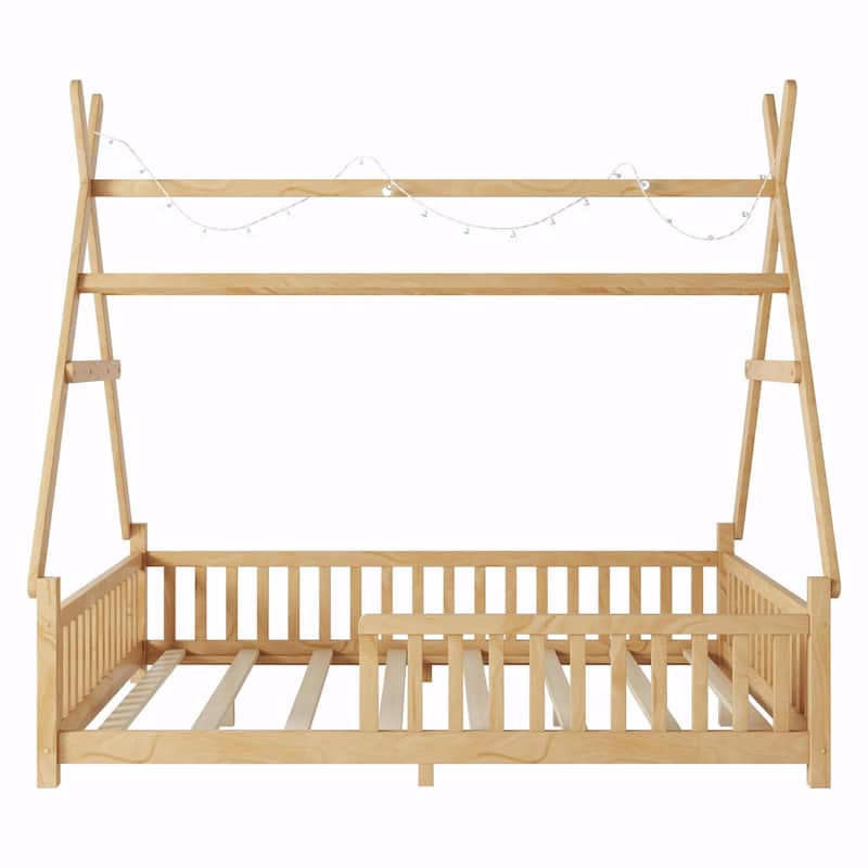 House Bed with Light, Low Floor House Bed with Fence and Roof