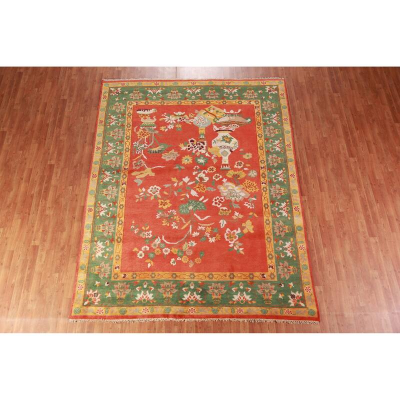 Floral Orange Art Deco Oriental Area Rug Handmade Wool Carpet - 7'10" x 10'0"