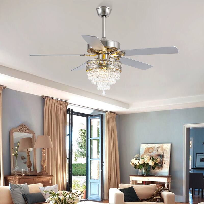 52 Inches Crystal Ceiling Fan Light,APP and Remote Control,5 Dual Side Plywood Blades,Reversible AC Motor - 52 Inches