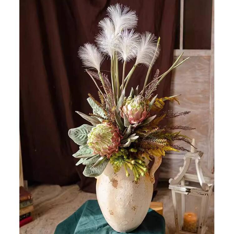 RusticReach Morning Mist Faux Flower Bouquet with King Protea and Reed Flowers - Multi