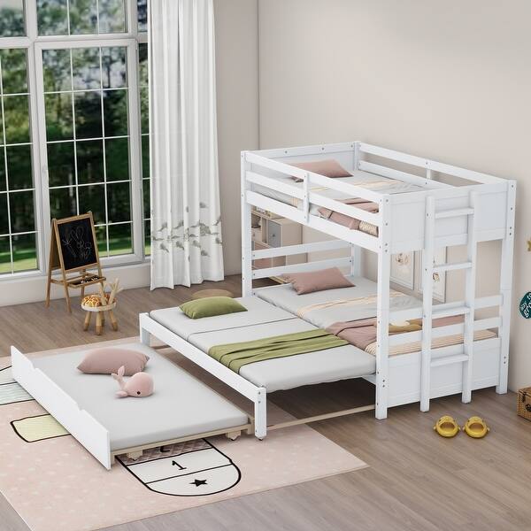 slide 2 of 18, Twin over Pull-out Bunk Bed with Trundle, Wooden Bunk Bed Frame for 4 White - Twin