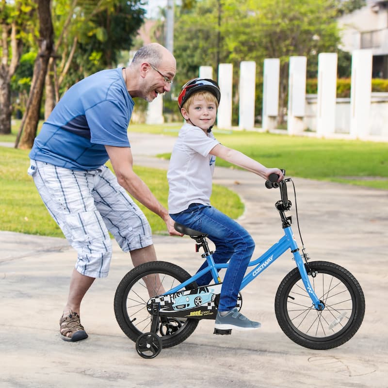 Blue Children's Bike with Dual Brake System Enclosed Chain Guard and Training Wheels