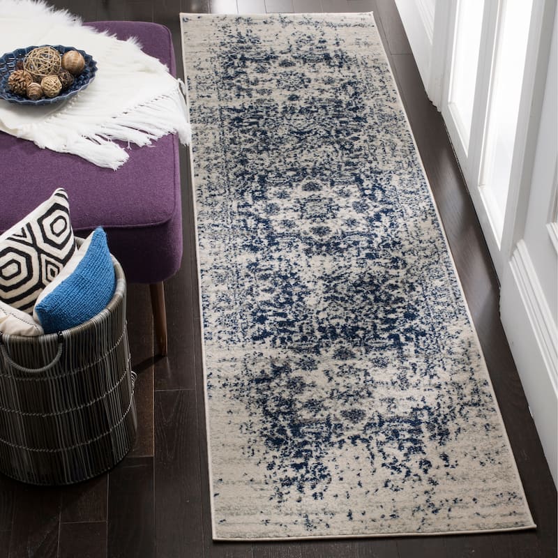 SAFAVIEH Madison Delois Medallion Rustic Farmhouse Distressed Rug - 2'3" x 8' Runner - Cream/Navy