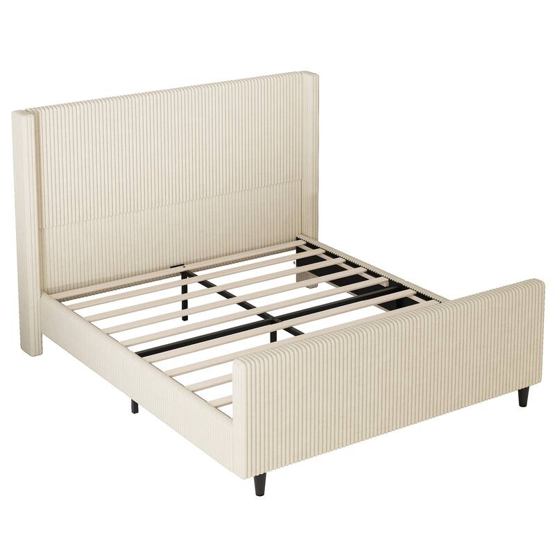 50.7" tall Corduroy upholstered bed frame with vertical textured wingback headboard