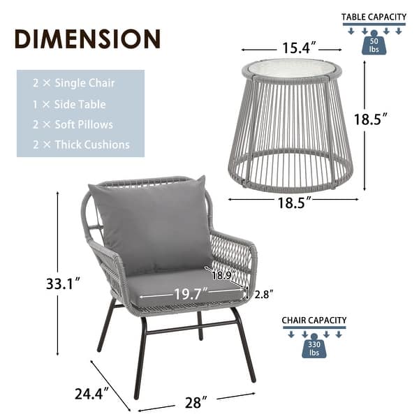 dimension image slide 3 of 8, EROMMY 3-Piece Patio Conversation Set with Glass Table & 2 Armchairs, Seat Cushions