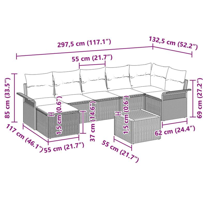 vidaXL 8 Piece Garden Sofa Set with Cushions - 117.1×52.2×27.2