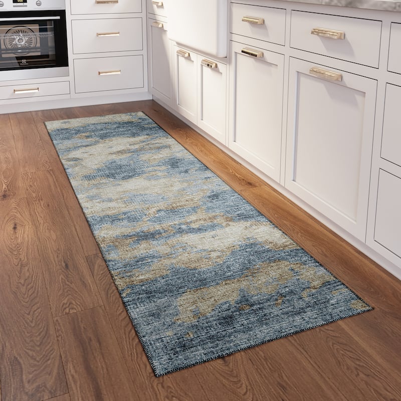 Indoor/ Outdoor Accord Modern Waves Washable Rug New - 2'3" x 7'6" Runner - Denim Gold Silver
