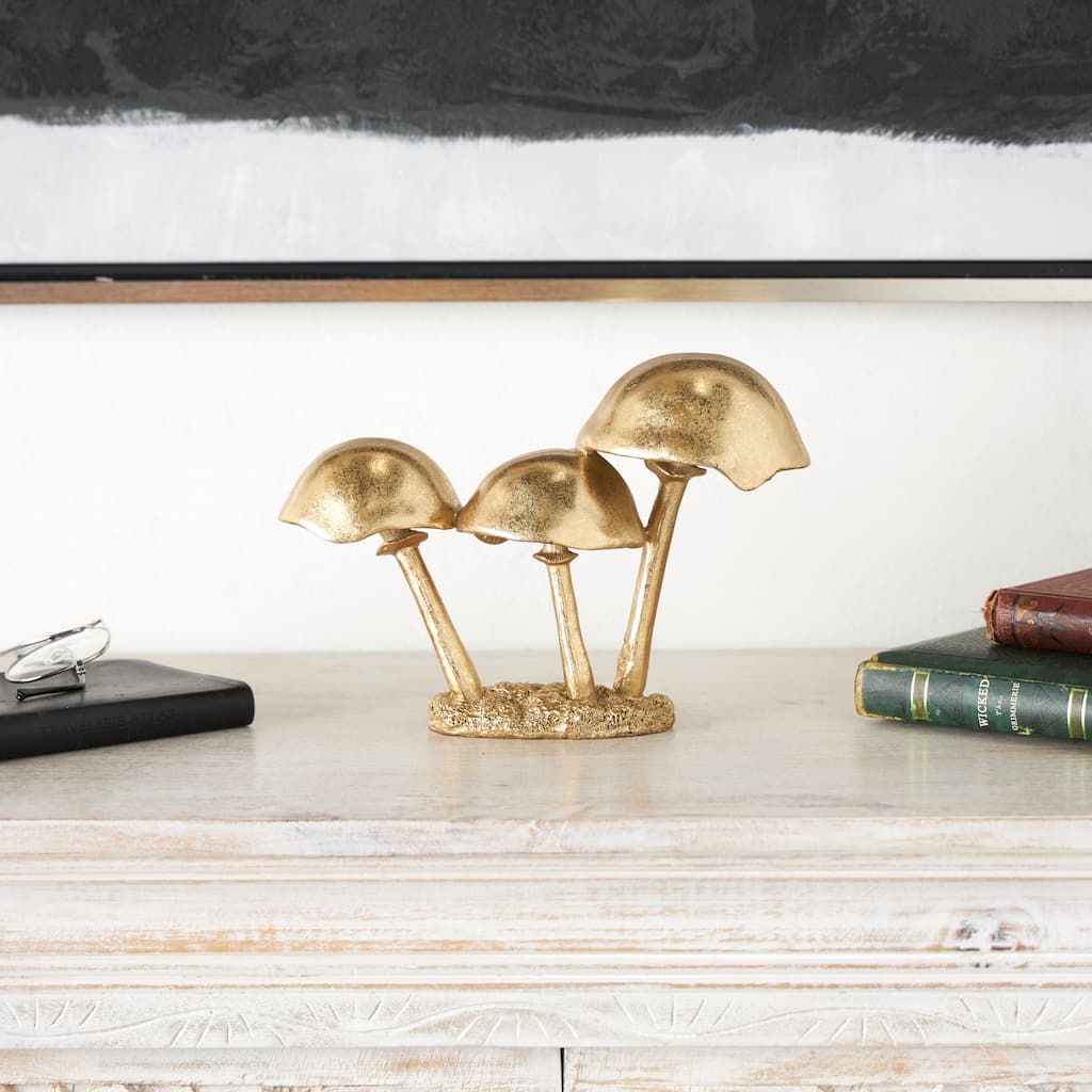 Gold Polystone Metallic Mushroom Decorative Sculpture with Textured Base