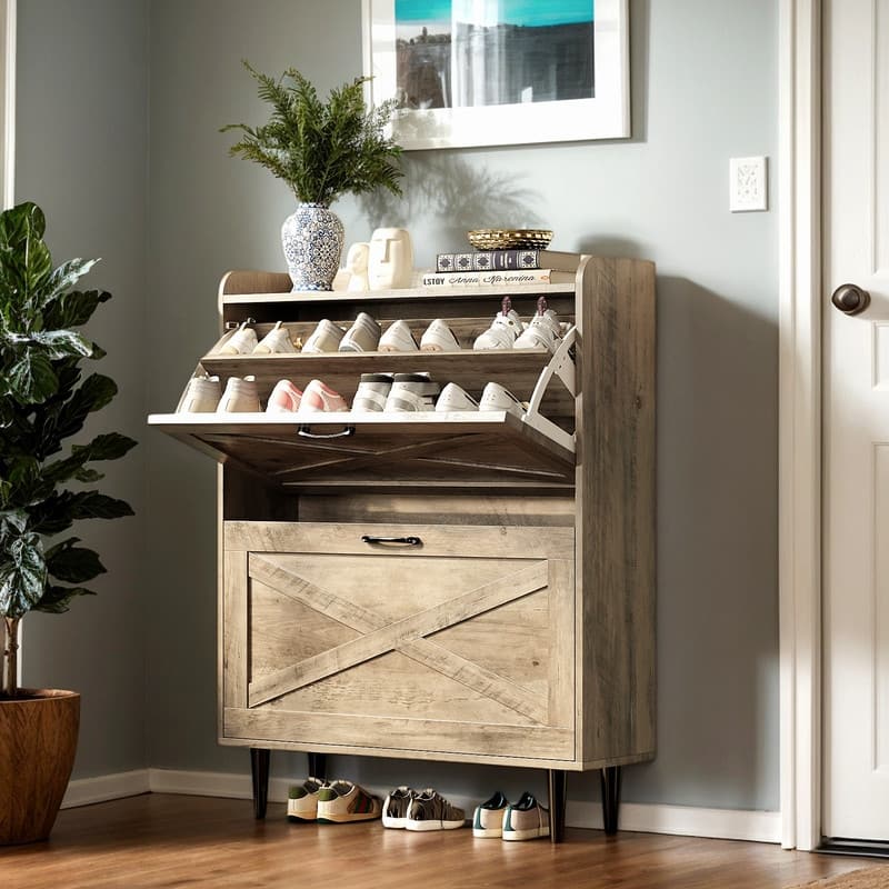 2 Flip 1 Barrier Barn Door Shoe Cabinet Melamine Embossed 31.6in