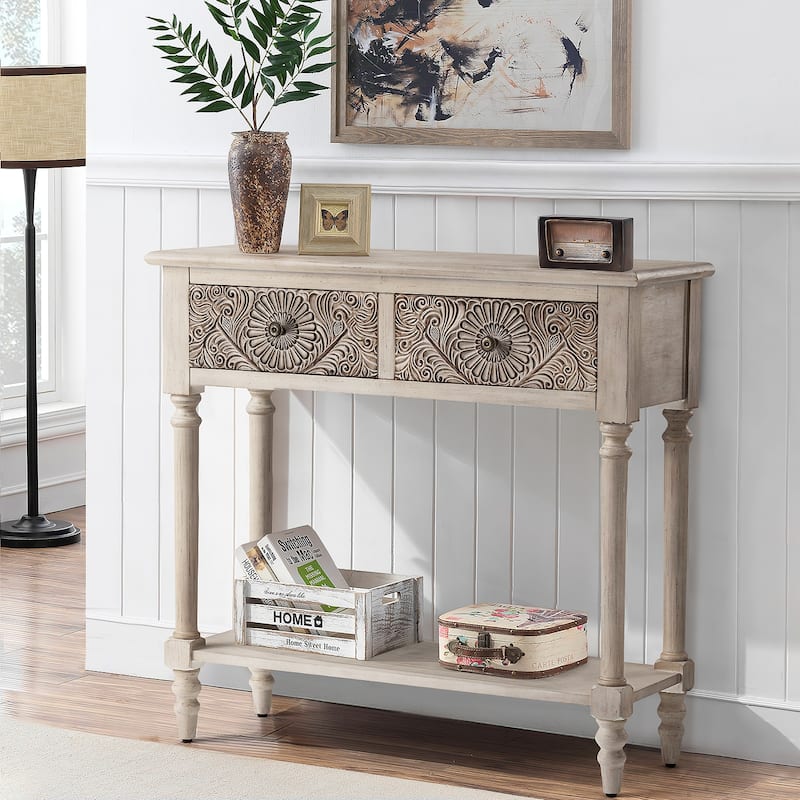 COSIEST Vintage 32'' Solid Wood 2-Drawers Console Table