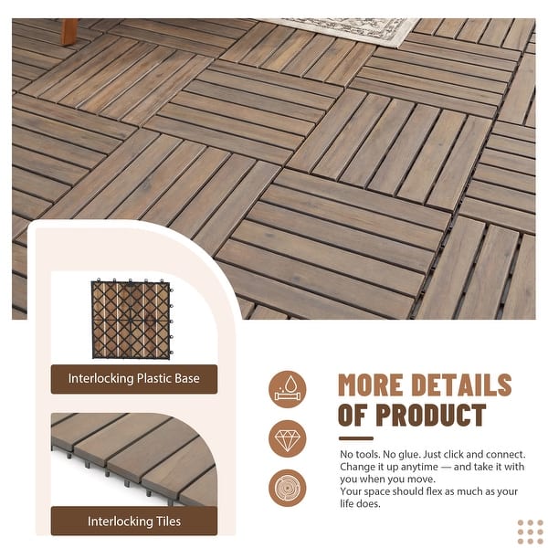 Giantex Patio Interlocking Wood Tile Flooring – 12″x12″ Acacia Deck Tiles, Tool-Free Assembly, 10-Pack (Stripe Pattern)