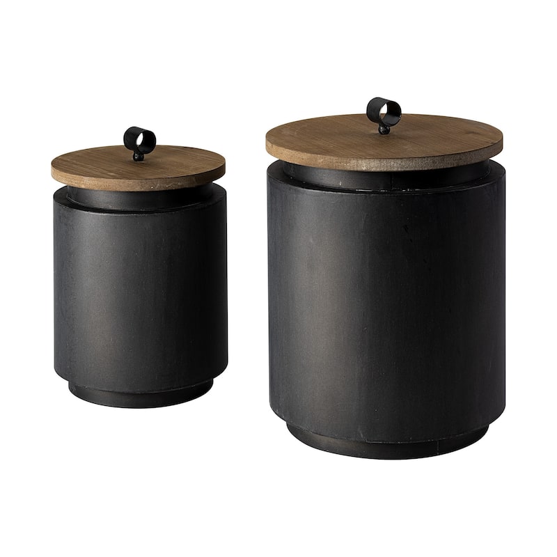 HomeRoots Set Of Two Gray Metal Cannisters With Wooden Lids - 9.06"W x 9.06"D x 12.8"H