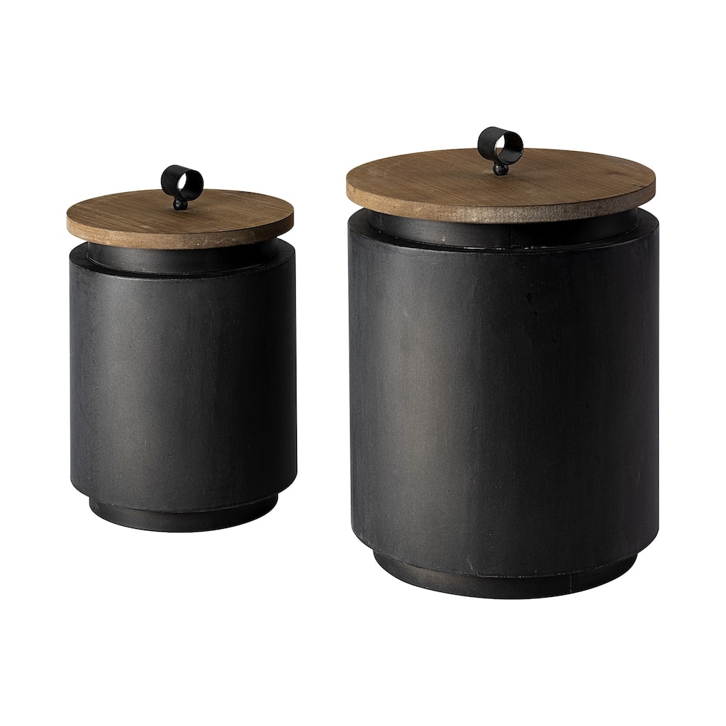 HomeRoots Set Of Two Gray Metal Cannisters With Wooden Lids - 9.06"W x 9.06"D x 12.8"H