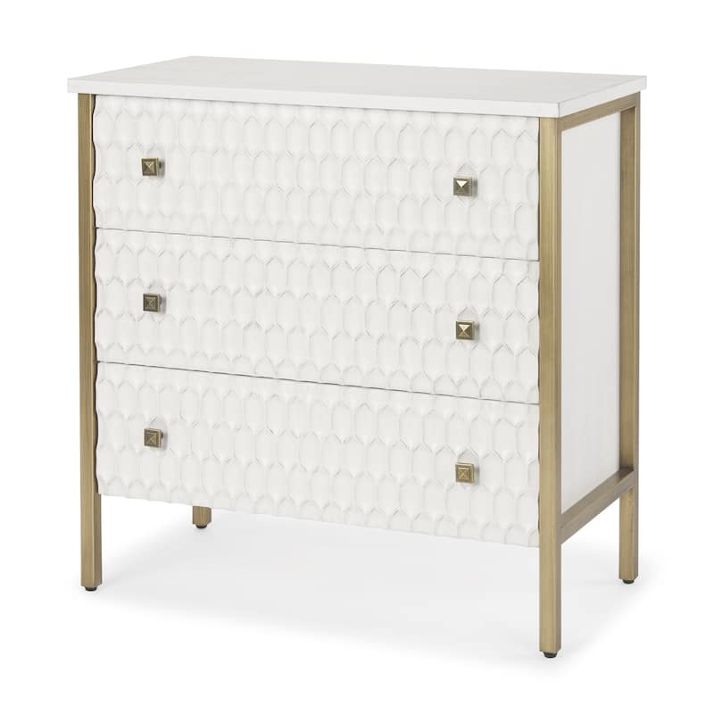 HomeRoots 32" White and Gold Wood and Metal Carved Geometric Accent Cabinet With Three Drawers