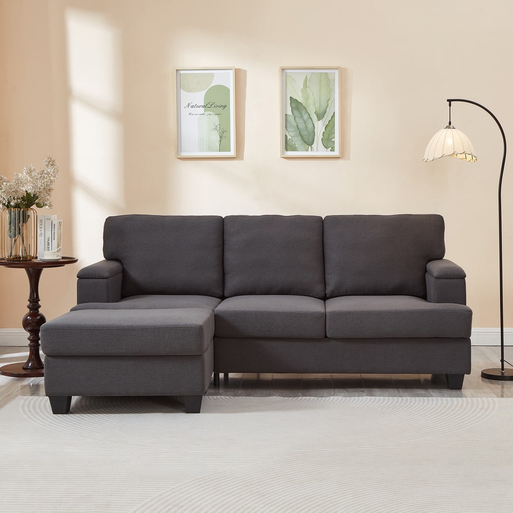 L Shaped 3 Seats Sofa with Armrest Organizer, Linen Sectional Sofa with Movable Ottoman, Comfy Upholstered 3 Seater Couch,