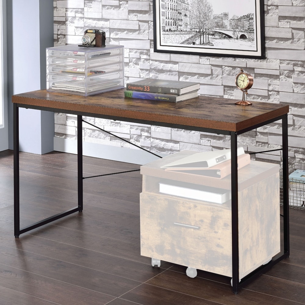 Rectangular Top Writing Desk with Metal Legs, Weathered Oak and Black