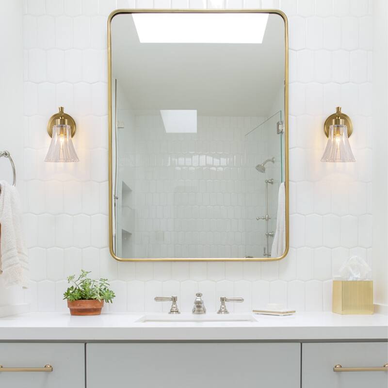 Gold Metal Wall Sconce Ribbed Trumpet Glass Shade for Bathroom Vanity