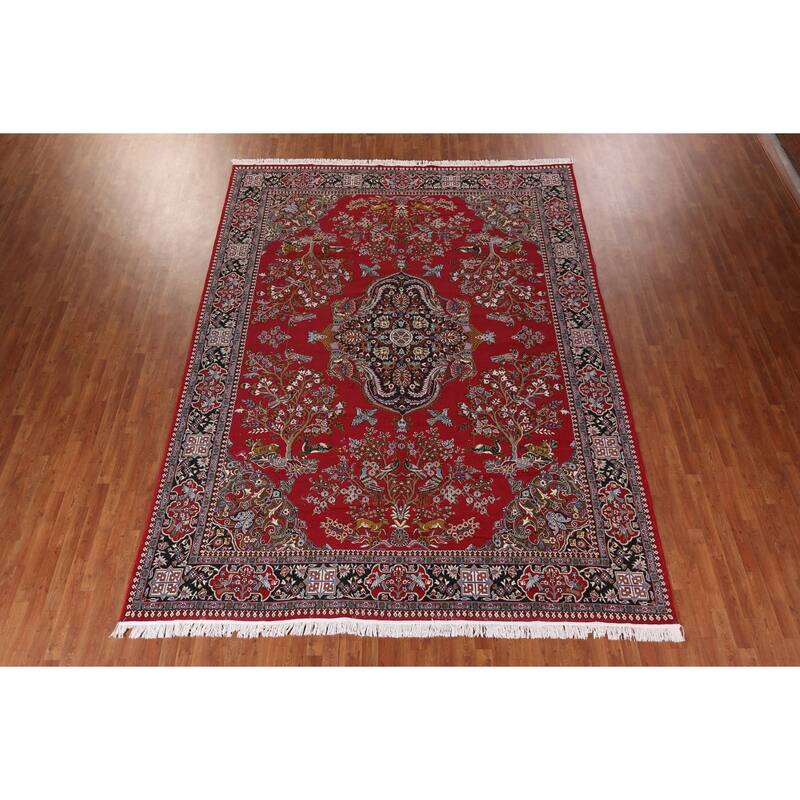 Animals Red Floral Kashan Turkish Area Rug Machine-Made Carpet - 9'7" x 12'8"
