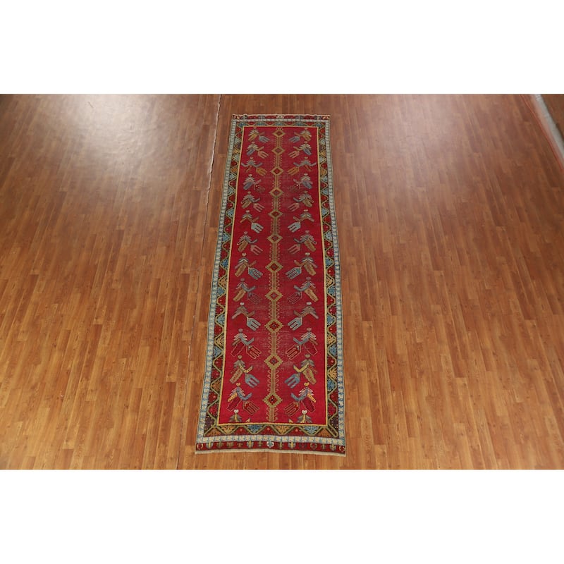 Hand Knotted Oriental 100% Wool Carpet Traditional Geometric Red Karabagh Runner Rug - 12' 0'' X 3' 7''