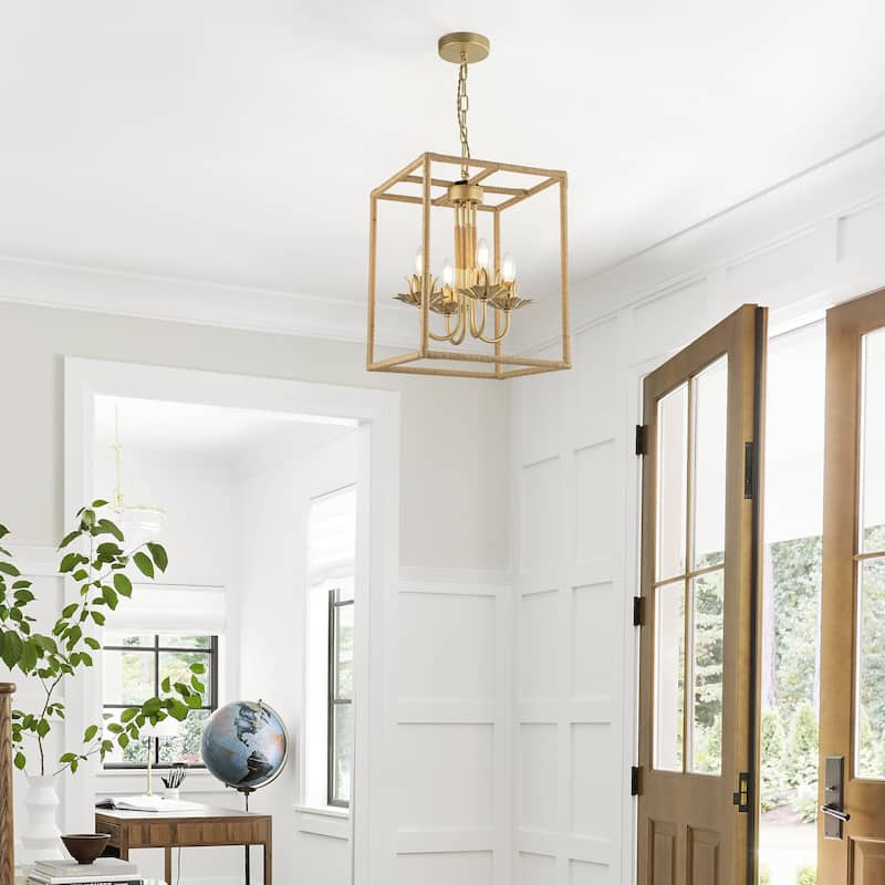 Mila 4-Light Gold Woven Rattan Chandelier - 13 In. Wide
