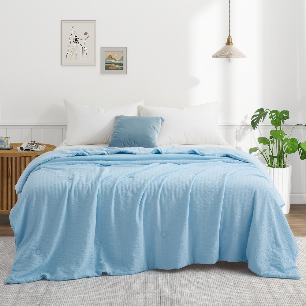 Lightweight Cooling Reversible Bed Blanket, Breathable Seersucker Comforter for Hot Sleepers