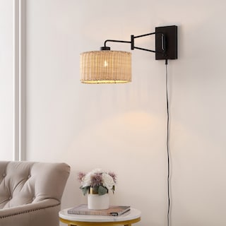 SAFAVIEH Lighting Bramley Wall Sconce (Set of 2) - Black/Natural Rattan - 10"W x 21"D x 12"H