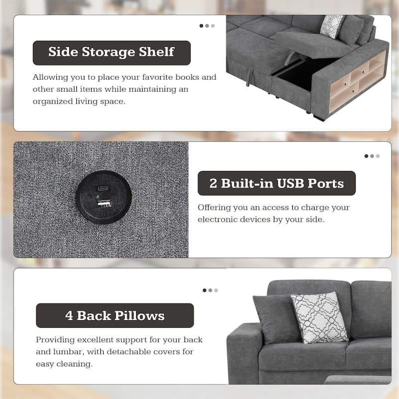 U-Shaped Sectional Sofa with Two USB Ports and Storage Chaise