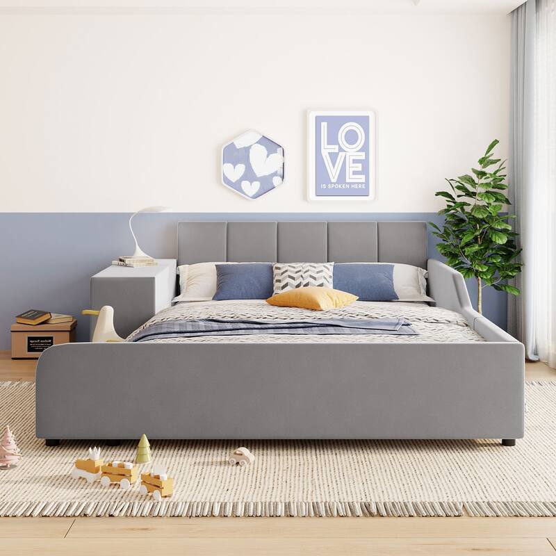 Full Size Upholstered Grounded Bed, Mother & Child Bed with Bedside Desk and Little Round Stool, Velvet