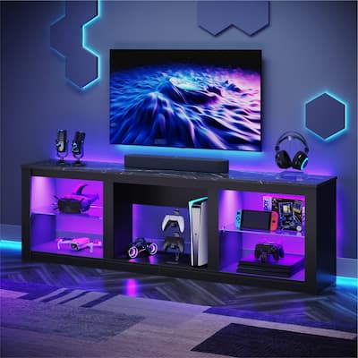 70-Inch LED TV Stand with Tempered Glass Shelves and Open Cabinet - 71 in
