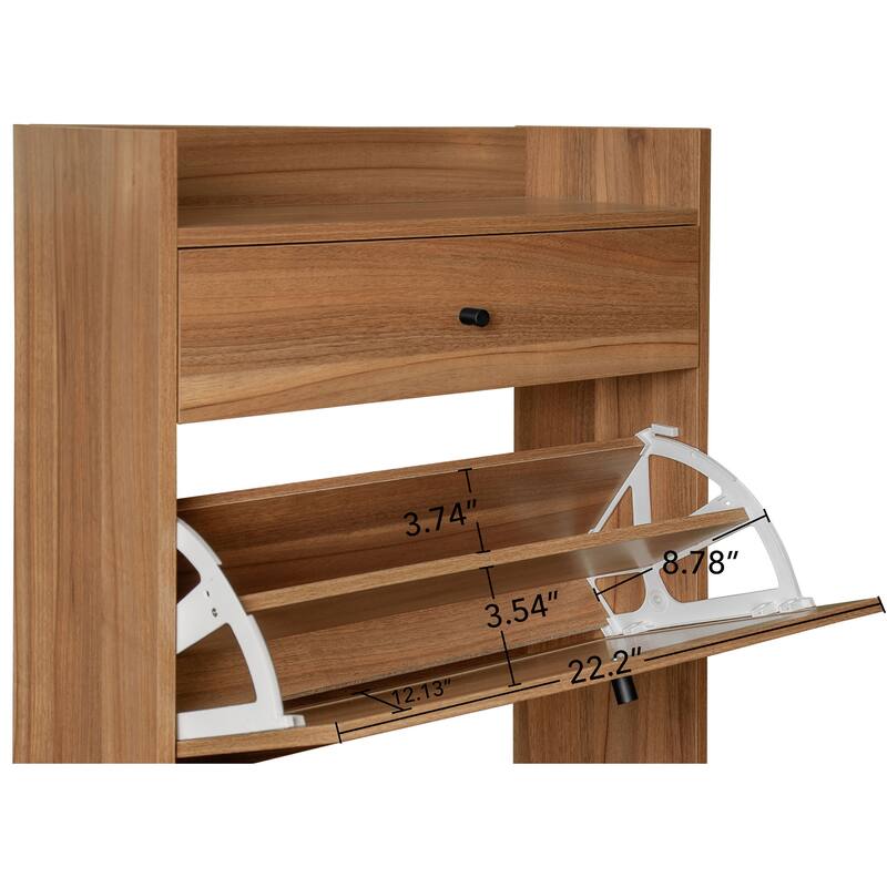 Entryway Shoe Storage Cabinet, Freestanding Rattan Shoe Rack, Shoe Organizer with 2 Flip Drawers & 1 Pull-Out drawer