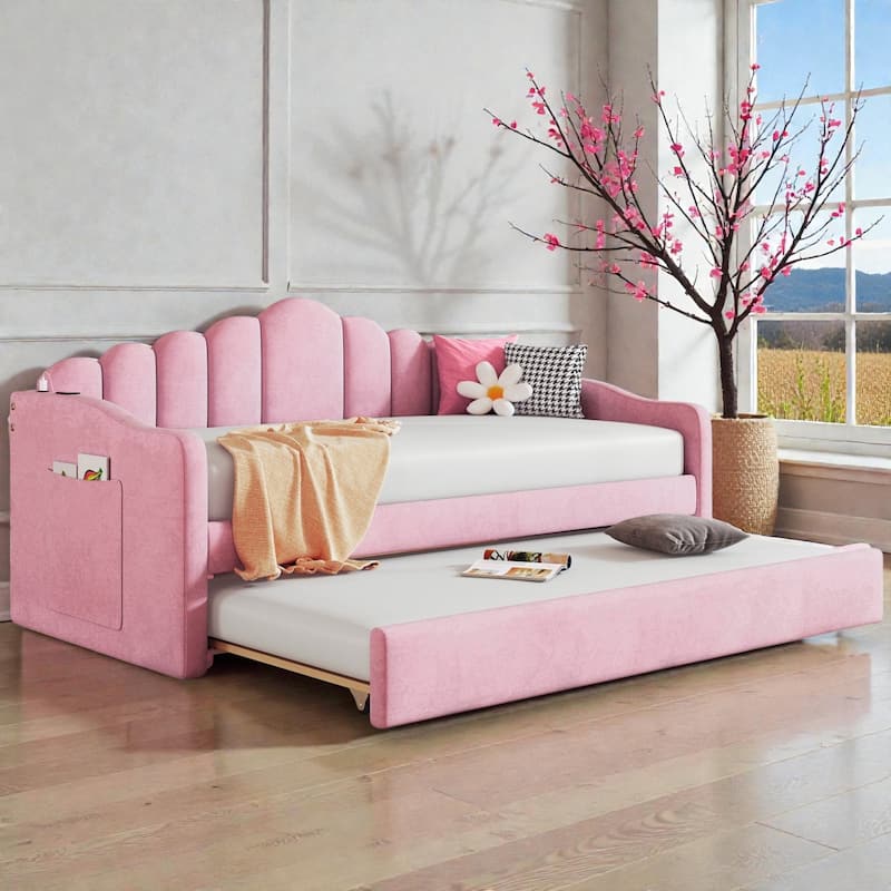 Twin Size Velvet Upholstered Daybed with Trundle, USB Charging Ports, Side Pockets, No Box Spring Required