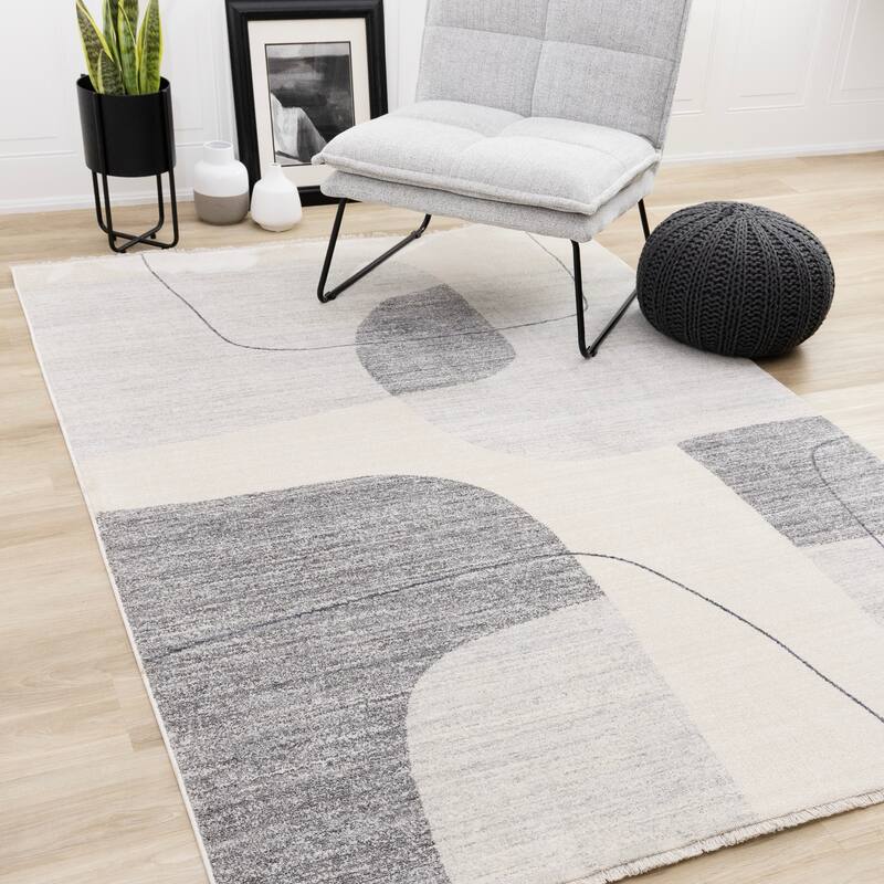 Olivia Grey Black Cream Modern Geometric Area Rug, 5'3" x 7'10"