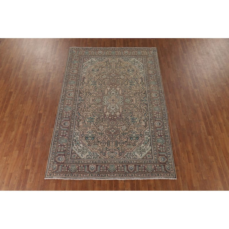 Geometric Tabriz Vintage Persian Area Rug Handmade Peach Wool Carpet - 6'5" x 9'5"