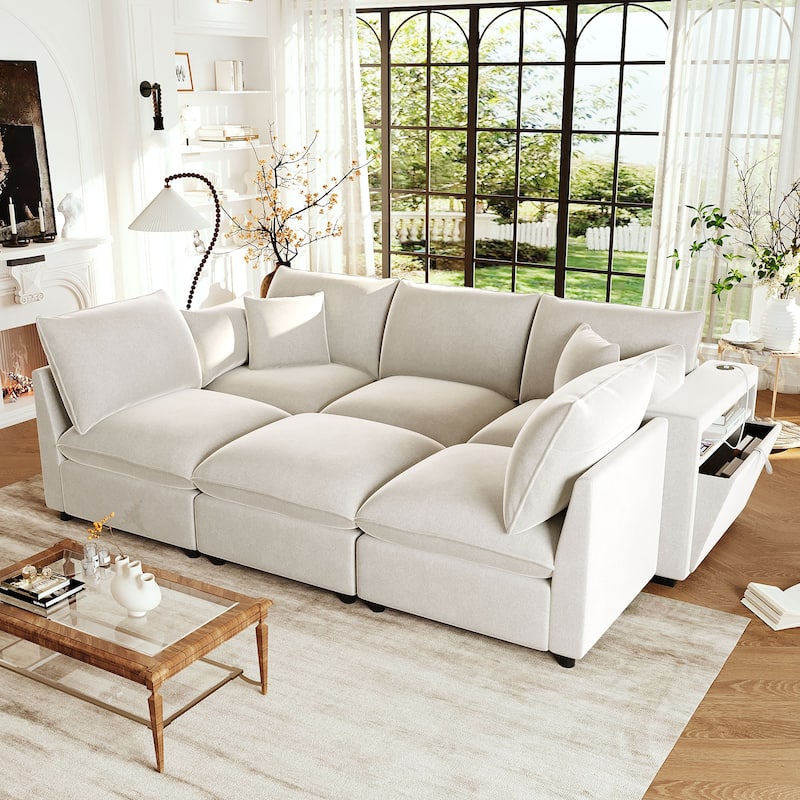 Smooth Chenille Sectional Sofa U-Shaped Modular Sofa Bed L-Shaped Couch with Movable Ottoman, Storage Armrests and USB Ports - Beige