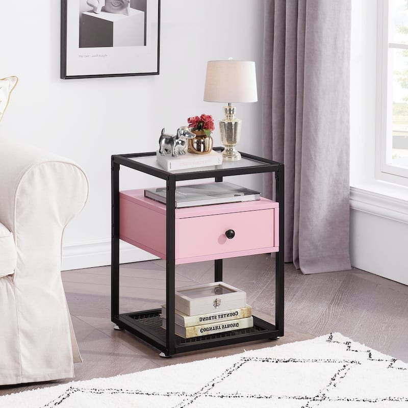 VECELO Modern Square Nightstands Set of 2 with Tempered Glass Top