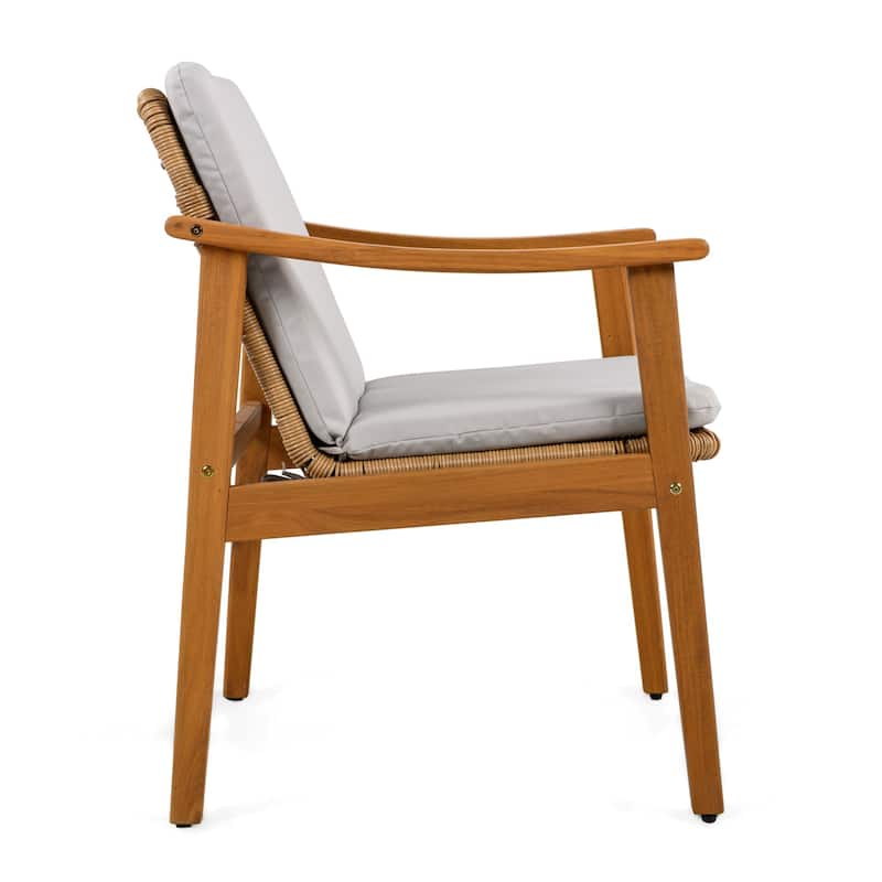 Set of 2 Outdoor Acacia Wood and Wicker Dining Chairs with Cushions