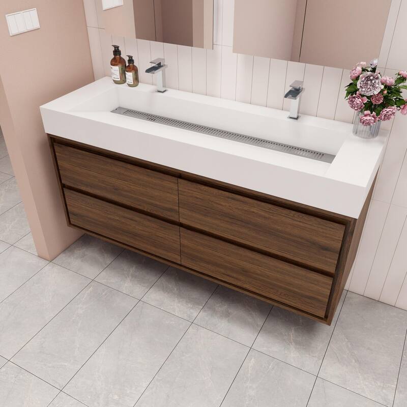 Victoria 60" Wall Mounted Modern Vanity with Double Acrylic Sink