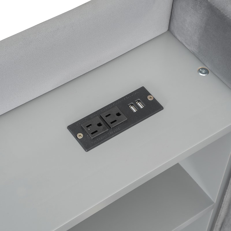 Twin Size Upholstered Daybed with Pop Up Trundle and Storage Shelves & Socket